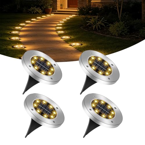 Caldarax 4 Piezas Luces Solares Exterior Jardín, 8 LEDs Luces Solares Tierra IP65 Impermeable Luz Solar Suelo, Blanco Cálido Lamparas Solares Exterior para Césped Decoración, Camino, Patio, Escalón