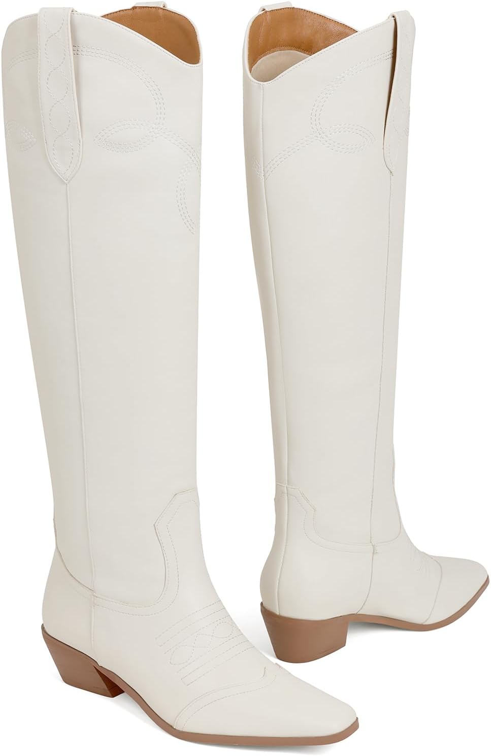 Cowboy Boots for Women Square Toe Fashion Knee High Boots Wide Calf Chunky Heel Slip On Cowgirl Boot Classic Retro Country Western Tall Boot