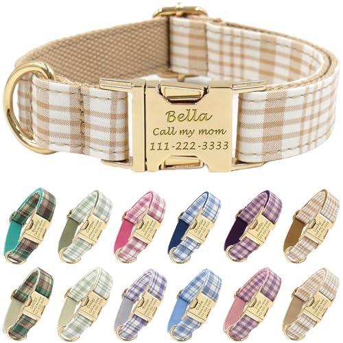 PETDURO Personalized Dog Collar Light Brown Plaid for Large
