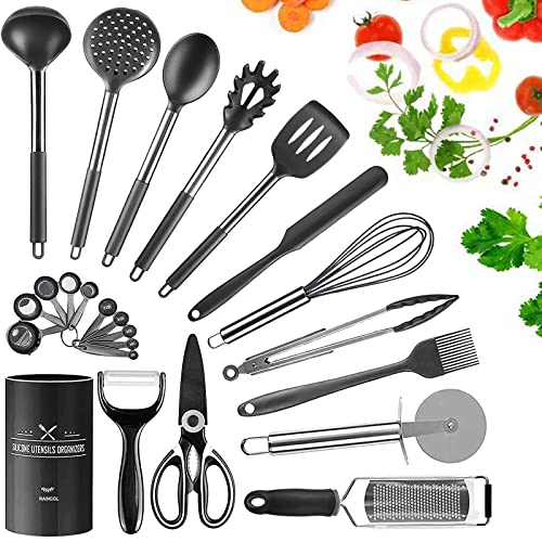 Raincol Juego de utensilios de cocina silicona utensilios de cocina, mango de silicona de acero inoxidable SUS 304, juego de utensilios de cocina antiadherentes resistentes al calor (Negro) Cover