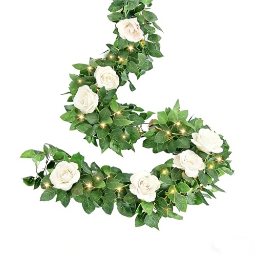 7.8FT Artificial Rose Garland with Lights – Artificial Rose Vines with 30 LED Fairy String Lights, Silk Hanging Rose Garlands for Valentine's Day Anniversary Wedding Table Birthday Party Decor(White)