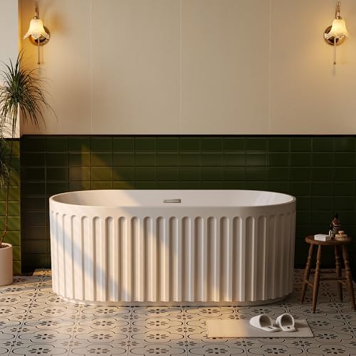 Image of GarveeLife Freestanding Bathtubs 59 inch Glossy White Acrylic Soaking Tub - Modern Striped Freestanding Bath Tub with Overflow, Pop-Up Drain & Hidden Drainage for Home Spa and Bathroom Upgrade