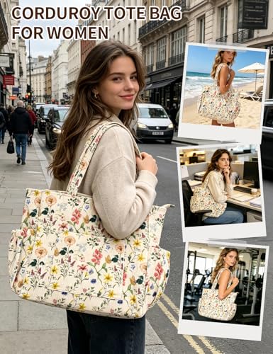 Bolso tote de pana para mujer con diseño floral miniatura 2