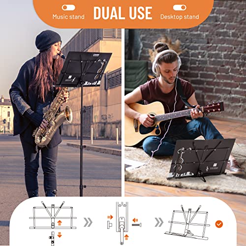 Image of CAHAYA Folding Sheet Music Stand & Desktop Book Stand Higher Version Lightweight Portable Adjustable with Carrying Bag, Metal Music Stand with Music Sheet Clip Holder CY0305