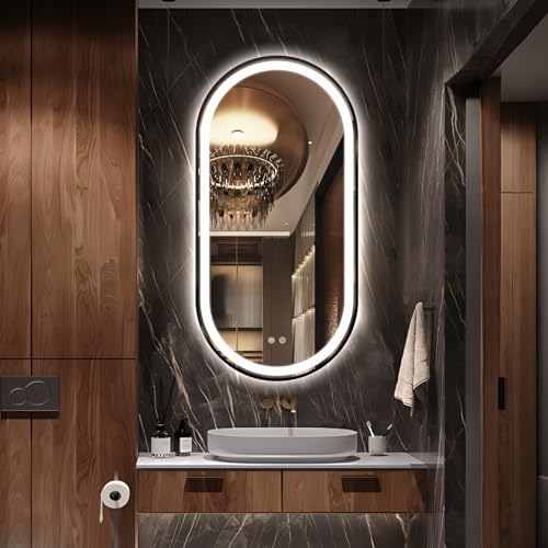 TheiaMo Espejo de baño ovalado LED de 48 x 24 pulgadas, espejo de baño ovalado iluminado con marco negro, espejo inteligente antivaho con 3 colores regulables para maquillaje, iluminación frontal