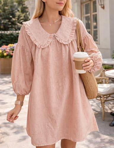 Image of Ynhonra Women's Gingham Mini Dress 3 /4 Puff Sleeve Babydoll Doll Collar
