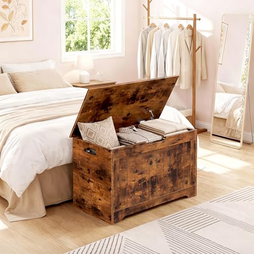Epetlover Storage Chest, Wooden Storage Bench with Flip-top Lid & Safety Hinge, Storing Trunk for Entryway, Living Room, Bedroom, Rustic Brown - Thumbnail 6