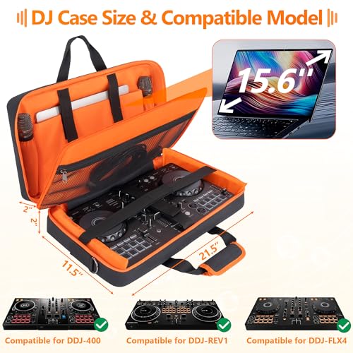 Image of Padded DJ Controller Case Compatible with DDJ FLX4 /DJ 400 /DDJ REV1, DJ Carrying Bag with 5-Pocket fits up to 15.6'' Laptop, Headphones, Cables, with Adjustable Shoulder Strap, 21.5 inchx11.8 inchx2.5 inch