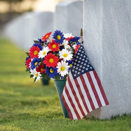 Image of 4 Bunches Memorial Day Flowers for Cemetery 15 inch Red White and Blue Artificial Flowers Faux Daisies Silk Flowers for 4th of July Table Decorations Indoor Outdoor