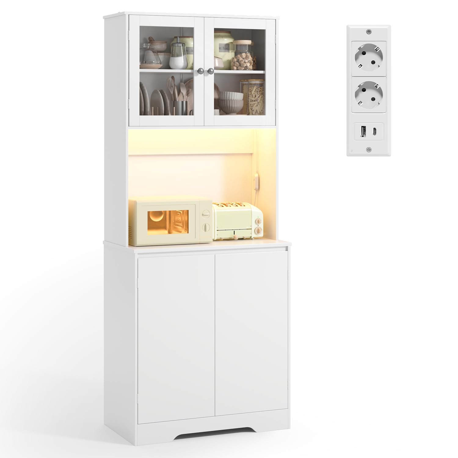Xbro Credenza Cucina Alta con LED RGB e Presa Integrata, Mobile Cucina Salvaspazio con Vano Microonde e Ante in Vetro, Dispensa Moderna Coffee Station, 73x40x180 cm