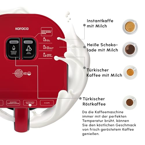 KARACA Hatır Köz Türkische Kaffeemaschine, 300 ml Kapazität, Bereitet 5 Tassen Türkischen Kaffee, Automatische Abschaltung & Temperaturregelung, Authentischer Holzkohle-Geschmack, 535W, Rot