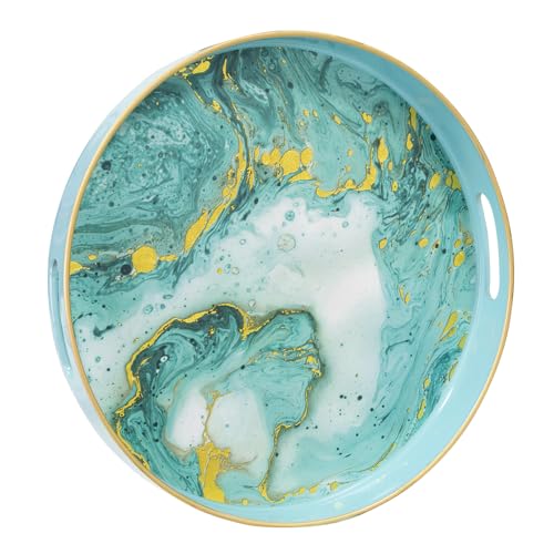 MAONAME Turquoise Decorative Tray for Coffee Table, 13" Modern Marbling Serving Tray with Handles, Plastic Round Trays for Ottoman, Bathroom, Storage by MAONAME - Used condition - US$13.24