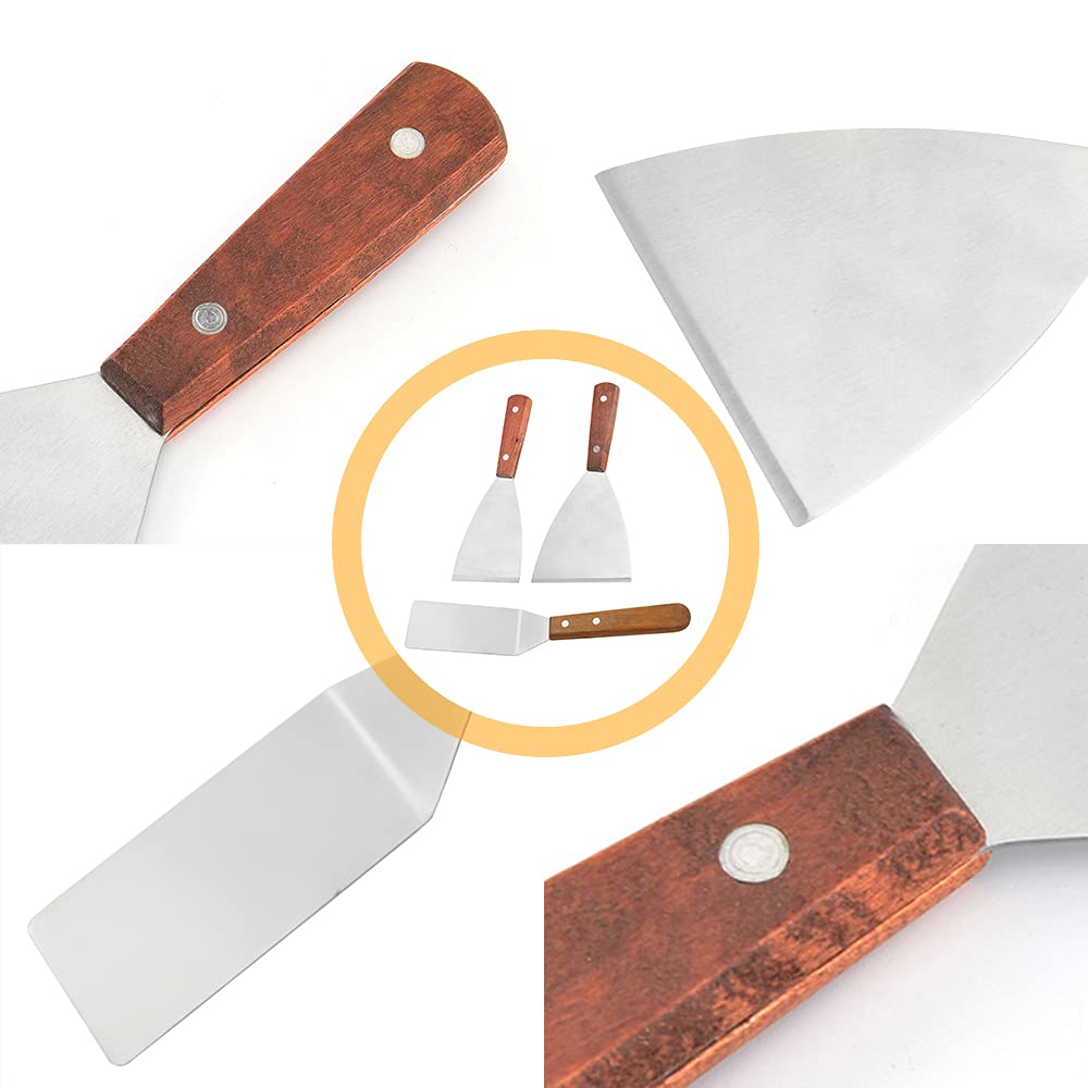 Teppanyaki Spatule, Spatule Barbecue Spatules Teppanyaki à Manche en Bois Spatules pour Barbecue en Acier Inoxydable Spatule Plate pour Tourneur et Grattoir pour Cuisine Barbecue, 3 Pièces