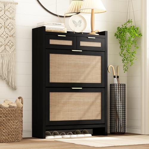 WINWY Shoe Organizer Cabinet Storage for Entryway - Slim Rattan Shoe Rack for Front Door Entrance, Narrow Hidden Shoe Cabinet with Flip Drawers, Boho Shoe Holder Cabinet, Two Doors, Black