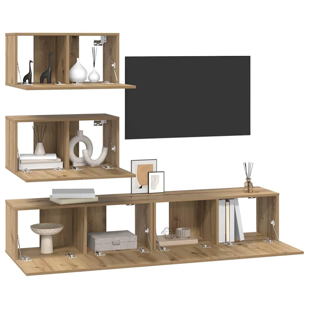 Set 4 Mobili TV Sospesi Rovere Artigianale Legno Ingegnerizzato | Credenza sospesa per soggiorno composta da 4 moduli con ante a cerniera per riordinare dispositivi e accessori.
