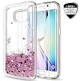 Galaxy S6 Edge Case with 3D Pet HD Screen Protector [2 Pack] for Girls Women,LeYi Glitter Bling Sparkle Moving Quicksand Liquid Clear TPU Protective Phone Case for Samsung Galaxy S6 Edge ZX Rose Gold