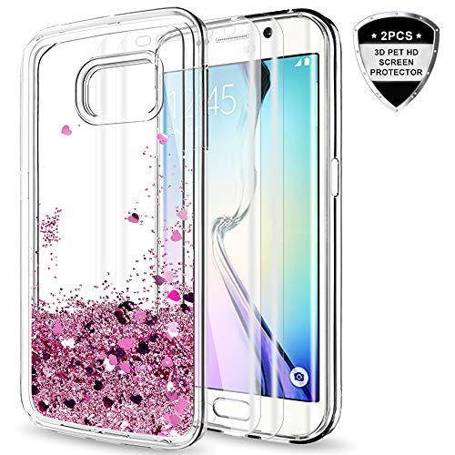 LeYi for Galaxy S6 Edge Case with 3D Pet HD Screen Protector [2 Pack] for Girls Women,Glitter Bling Sparkle Moving Quicksand Liquid Clear TPU Protective Phone Case for Galaxy S6 Edge Rose Gold