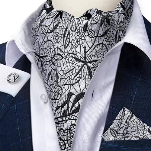 Image of DiBanGu 3PCS Ascot Ties for Men Wedding Jacquard Woven Silk Ascot Cravat for Men Cravat Tie and Pocket Square Set