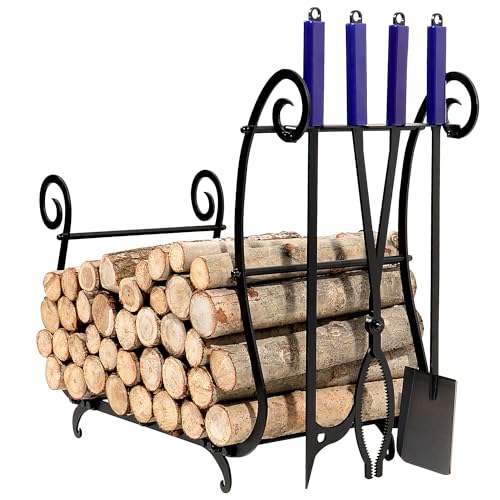 CKLT Firewood Rack with 28in Fireplace Tools Set,Rack Log Holder with Stand and Fire Poker Fire Tongs Ash Shovel, Firewood Storage for Campfire Backyard Bonfire