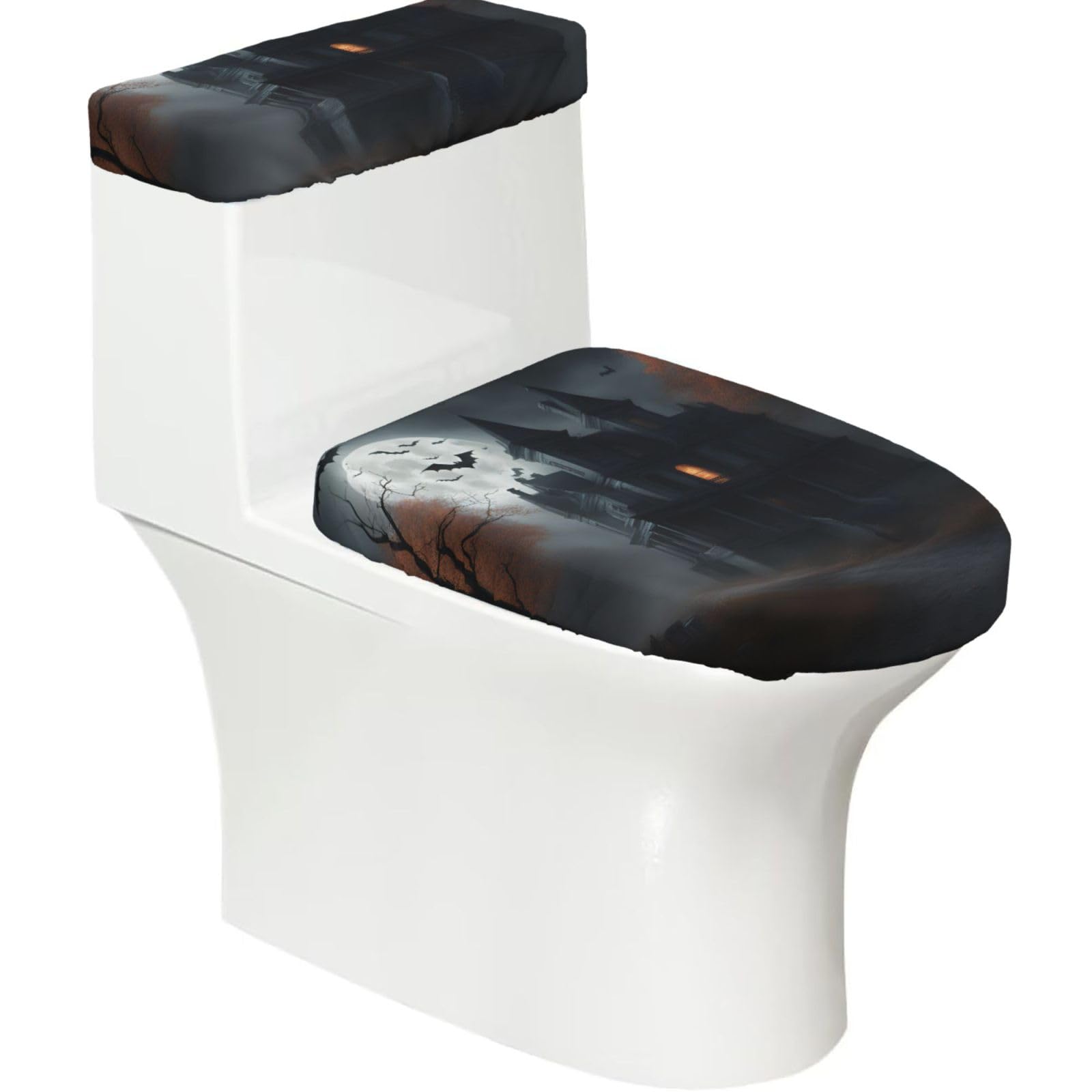 Halloween Horror Print Stretch Toilet Covers Set, Polyester Covers Replacement For Fits Most Size Lids Bathroom Decor
