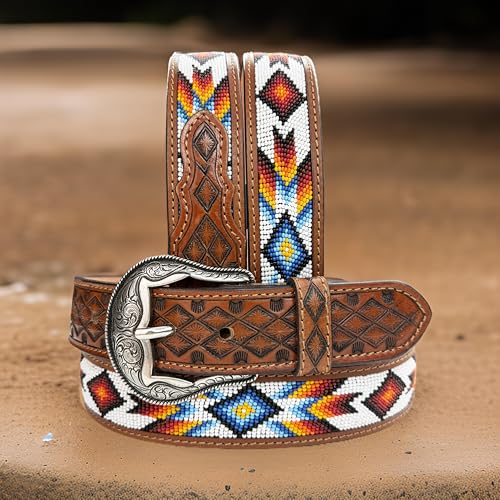 Western Belt for Men Women Full Grain Beaded Leather Cowboy Belt 1.5” Wide With Buckle Handmade Engraved Tooled3