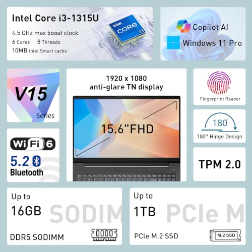 Image of Lenovo V15 Gen 5 15.6 inch FHD Business Laptop, 8GB DDR5 RAM, 1TB Storage | Intel Core i3 6-core (>R3 7320U), W11 Pro, AI Copilot Key, Webcam w /Shutter, Security Chip Discrete TPM 2.0, Black, w / Mouse