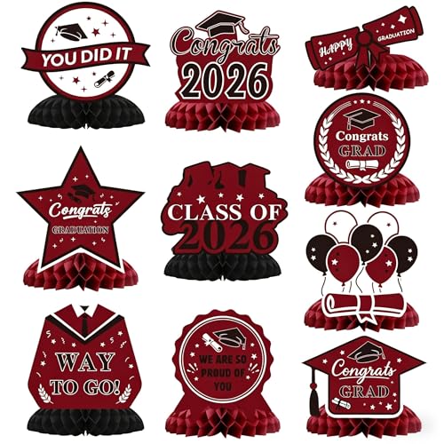 Image of Graduation Decorations 2026, 10PCS Graduation Centerpieces for Table Maroon Black Graduation Party Decorations Class of 2026 Congrats Grad Honeycomb Centerpieces Table Decor Graduation Party Supplies