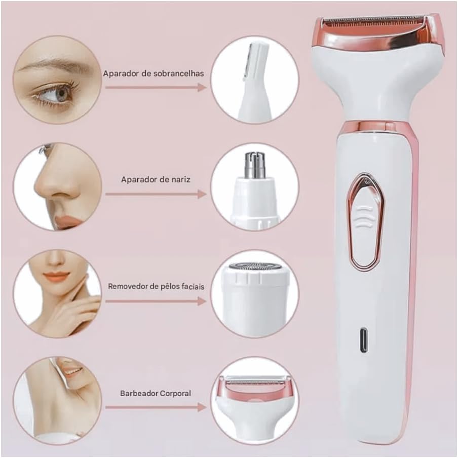 Image illustrating the four interchangeable heads of the Genérico 4-in-1 Electric Epilator: eyebrow trimmer, nose trimmer, facial hair remover, and body shaver.