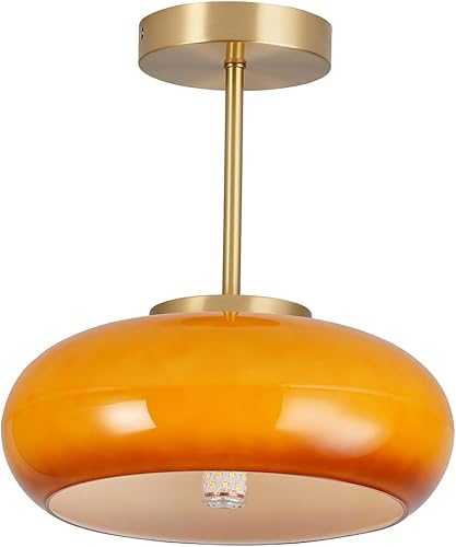 Lámpara de techo semiempotrada de cristal, moderna cerca del techo, pantalla de cristal de cúpula naranja de 11 pulgadas, lámpara de techo dorada