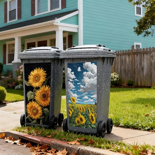 Image of 2 PC Trash Can Sticker 14.57 x 32.28 Inch Sunflower Floral Design Vinyl Sticker with Trio Bloom Field Sky and Cloud Pattern for Outdoor Garbage Bin Garden Yard Driveway Home Decor