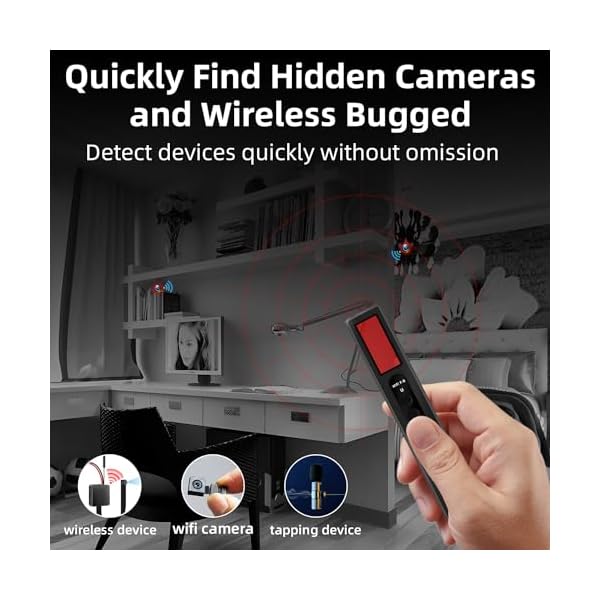 Handheld device detecting hidden cameras and wireless bugs.