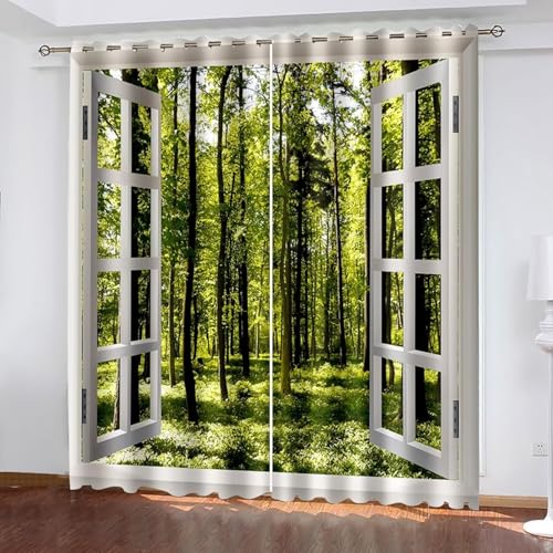 Wycian Cortina De Puerta Visillo Verde Amarillo 2 Piezas Poliéster Paisaje Del Bosque Ventana 102L X 229H Cm Popular Clásico Actualización 3.0