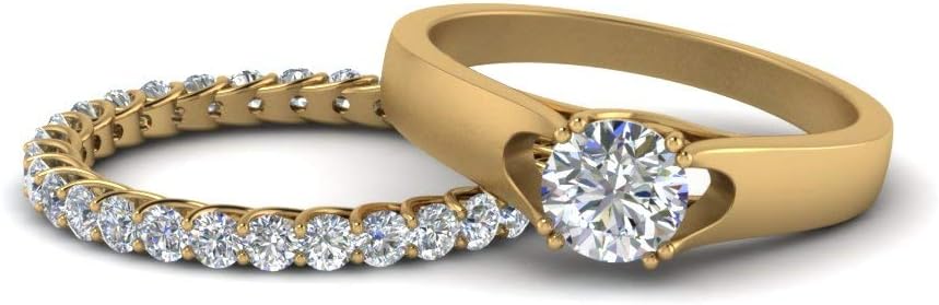 Choose Your Gemstone Trellis Diamond CZ Wedding Ring Set Yellow Gold Plated Round Shape Wedding Ring Sets Matching Jewelry Wedding Jewelry Easy to Wear Gifts US Size 4 to 12