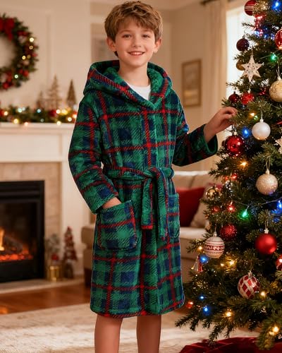 Boys Fleece Robe, Hooded Toddler Soft Fuzzy Bathrobe for Kids 2-16 Years2