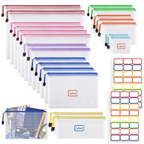 21 Stück Dokumententaschen Wasserdicht Reißverschluss mit sticker, Mesh Zipper Pouches, Datei Tasche Kunststoff Reißverschlusstasche für Datei, Dokumente, Schule, Papier, Kosmetik (Bunte, 8 Größen)