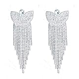 CHRAN Charm Rhinestone Long Tassels Earrings Classic Butterfly Design Teardrop Crystal Wedding Earrings