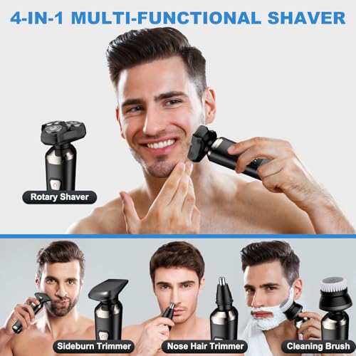 Image of 4-in-1 Electric Razor for Men, Magnetic Floating Heads, LED Display, IPX7 Waterproof, Travel Lock & Nose Trimmer - Complete Grooming Kit Gift Set