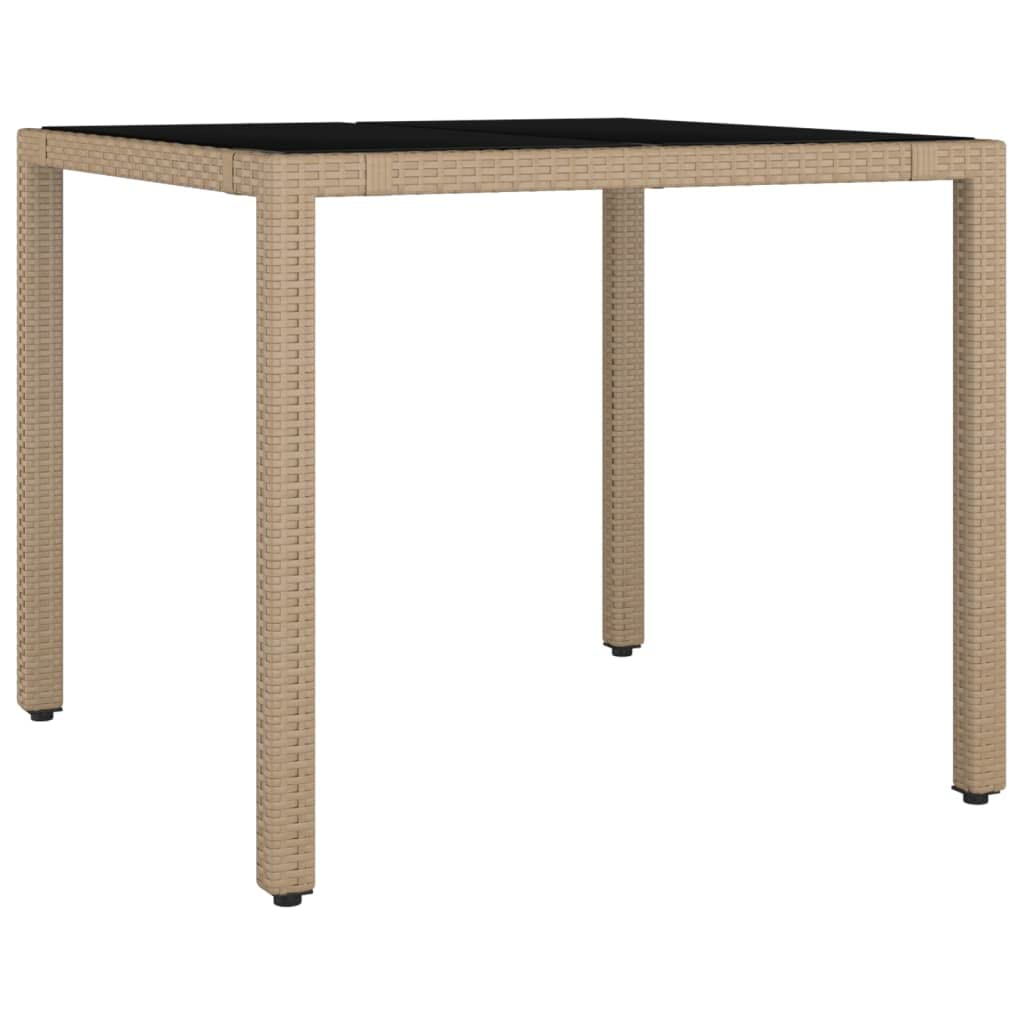 Mesa de jardín con tapa de cristal, mesa de balcón, mesa de exterior, mesa de jardín, mesa de exterior, adecuada para balcón, terraza, bistró, jardín, beige, poliratán y cristal templado