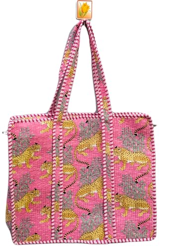INDIAN COTTON CRAFT Bolso de mano con estampado de leopardo rosa, borde a rayas hecho a mano, bolsa de compras decorativa para la playa, 45,7 x 40,6 x 15,2 INDIAN COTTON CRAFT Bolso de mano con estampado de leopardo rosa, borde a rayas hecho a mano, bolsa de compras decorativa para la playa, 45,7 x 40,6 x 15,2
