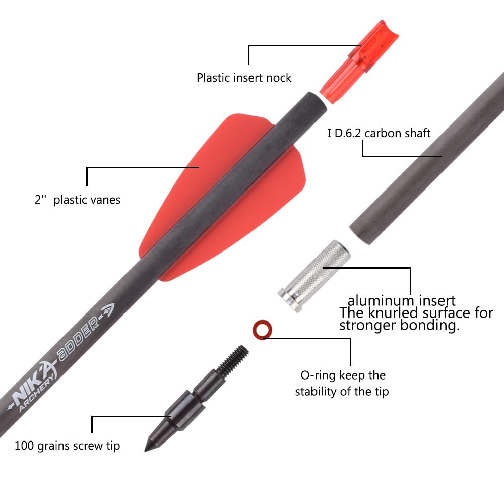 Tiro con L'Arco Bolt per Balestra in Carbonio R9 Cobra Adder Frecce con Ali da 2 Pollici Caccia con Balestra (Confezione da 12)