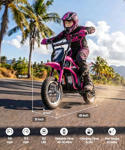 Image of ELEMARA Electric Dirt Bike,350W Motorcycle 24V Ride on Toy for Big Kids w /LED Power Display,15.5 mph & 150lb Max,3 Speeds,Chain-Driven Motor,Twist-Grip Throttle & Brake Lever,12 inch Air-Filled Tires-Pink
