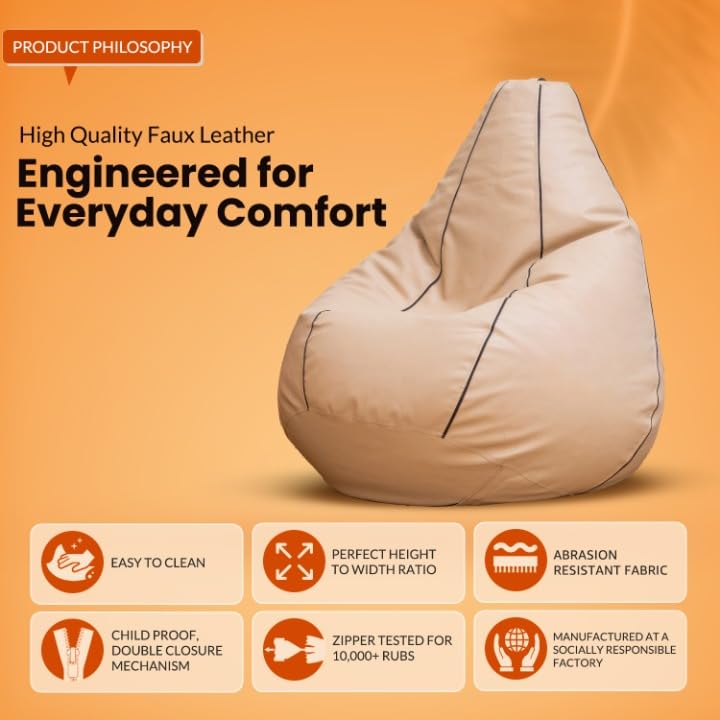 Image of Sattva Classic Piping XXXL Bean Bag with Pocket Filled with Beans | Faux Leather Teardrop Bean Bag for Adults & Teens | Pre-Filled Comfortable Seating for Home, Living Room - Beige with Brown Piping