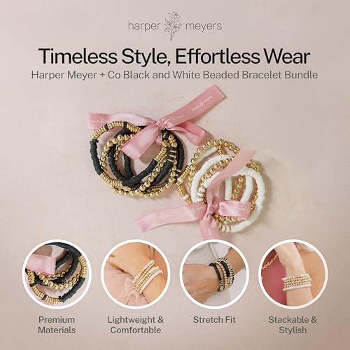 Harper Meyers Beaded Bracelet Bundle Set – Elegant Stackable Beaded Bracelets for Women – Comfortable and Stretchy Bracelets for Everyday Wear – Versatile and Stylish Gift for Any Occasion - Black & White2