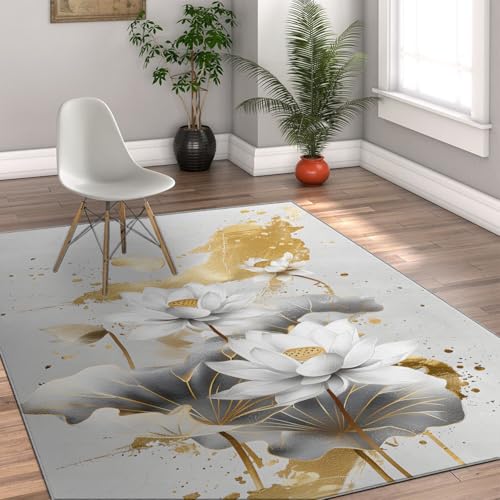 Tapis floral botanique motif lotus imprimé feuille grise chic - 4