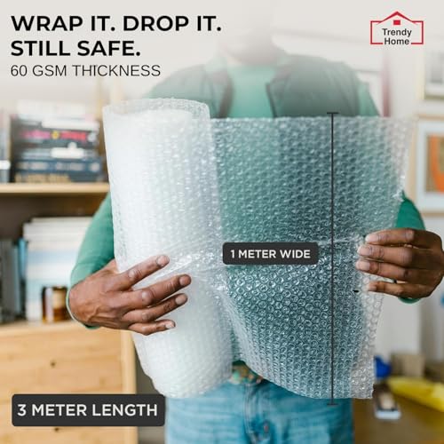 Image of Trendy Home 60 GSM Bubble Wrap Roll, 1 Mtr Wide x 3 Mt Long, Pack of 1 | Reusable Packaging Material, For Fragile Items, Storage, Courier Use