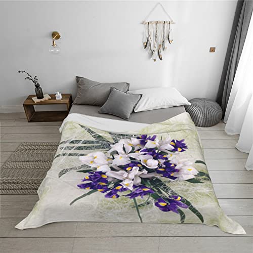 Bed Throw Blanket Purple-White-Iris-Flowers Lightweight Super Soft Luxury Sofa Blanket Microfiber 80X60 Inch #TOP3