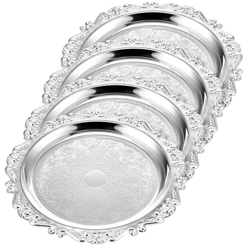 Tiangrid 4 Pcs Silver Serving Tray 10-Inch Elegant Vintage Floral Round Metal Plate Silver Platter for Buffet Wedding Party Jewelry Decorative