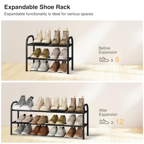 Image of STO STO Expandable Shoe Rack, 2-Tier Metal Small Shoe Rack for Closet, Up to 12 Pairs Adjustable Shoe Rack Storage for Front Door Entrance, Free Standing Shoe Rack Organizer for Entryway, Black