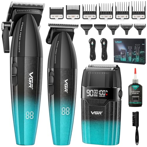 VGR 640 S3 Tondeuse Cheveux Homme Professionnel, Rechargeable Tondeuse Finition et Rasoir À Grille Kit de Coupe, Kit Coiffure Machine Sans Fil avec Écran Led pour Barbier et Usage Domestique, Vert