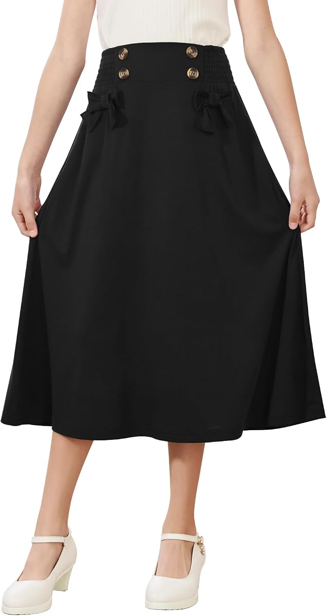 GORLYA Girls Vintage Button Bow Knot A-Line Midi Skirt 6-16Y | Button front & side bow knots, stretchy knit, elastic waist, pockets, ideal for school, church, and daily wear.